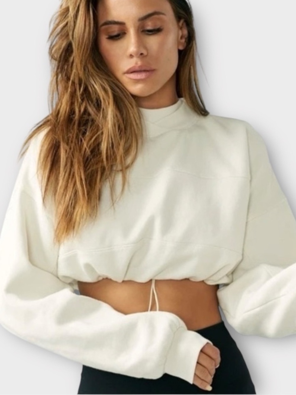 ♡ Joah Brown Cropped Drawcord Pullover Cream French Terry